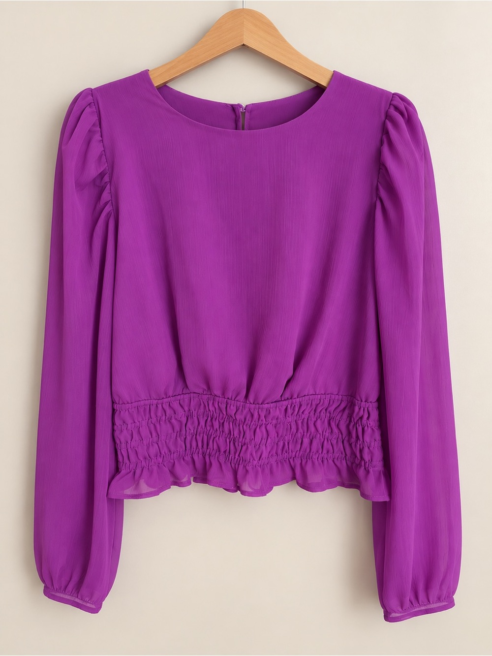 Express Vibrant Purple Long-Sleeve Smocked Waist Blouse